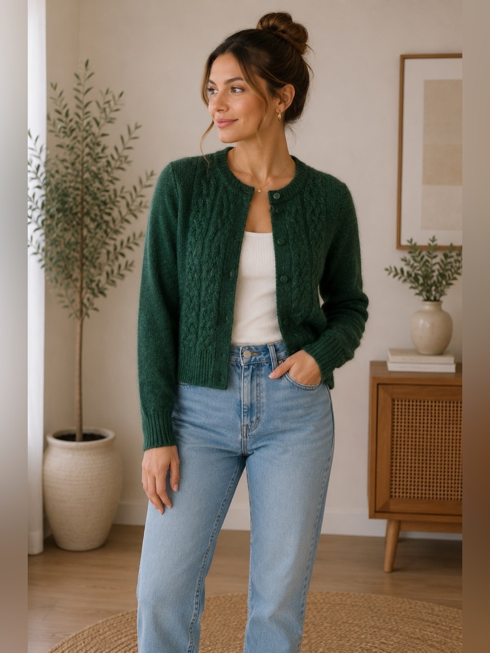 Max Studio Dark Green Cable-Knit Crewneck Cardigan